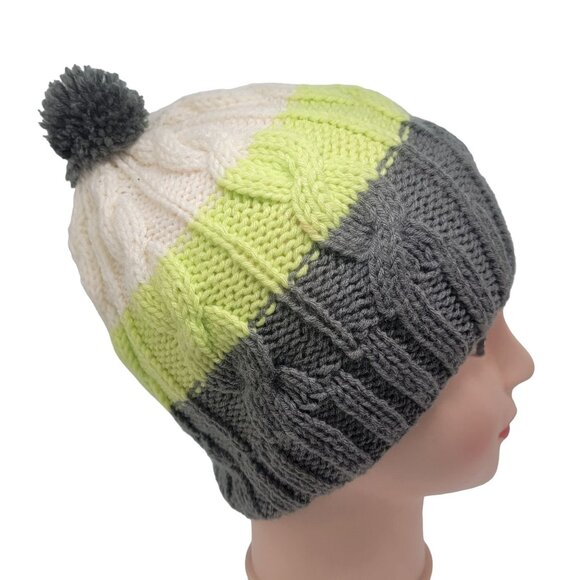 ⭐Adult Unisex Handmade Pom Beanie Cable Knit Color Block Grey Green Winter Hat⭐ - Picture 2 of 7